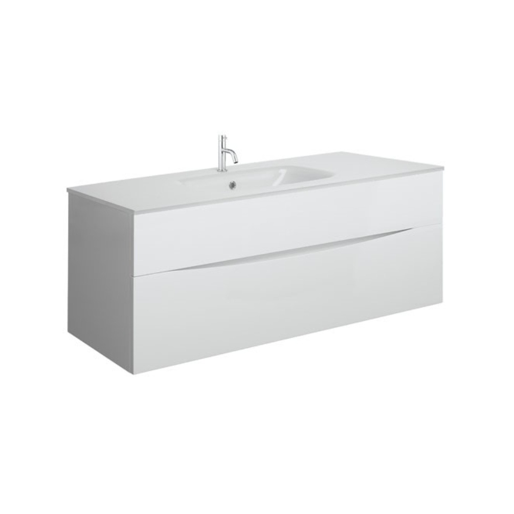 Product Cut out image of the Crosswater Glide II White Gloss 1000mm Double Drawer Unit with Ice White Glass 1 Tap Hole Basin